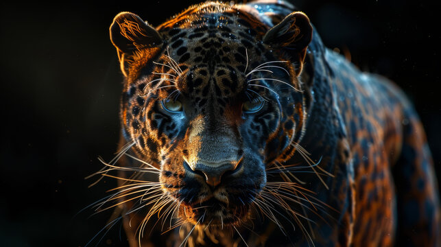 A jaguar is staring at the camera with its mouth open. The image has a dark and moody atmosphere, with the jaguar's eyes and fur creating a sense of mystery and danger