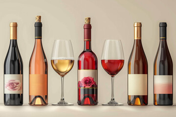 Savor the essence of quality wine with a variety of bottles and wineglass. - 793129763