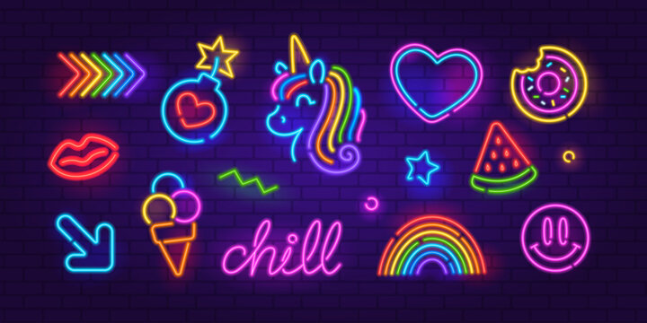 Perfect Neon Sign set 4 on brick wall background. Editable neon icons set of Ranbow, Unicorn, Pop Art, sign, Ice Cream, Arrow, etc. Neon night sign, a glowing light banner, emblem for club or bar