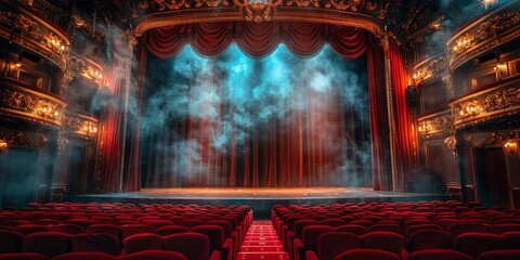 A dramatic opera stage with red velvet curtains, golden molding, and theatrical lighting. - 793129939