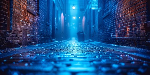 A haunting urban night with a dimly lit, narrow street with rain-slicked pavement.