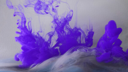 Paint water splash. Fluid smoke. Bright purple blue indigo white color neon ink mix vapor texture...