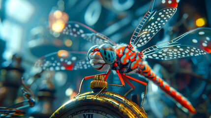 A steampunk dragonfly perches on a pocket watch.