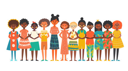 group multicultural children in colorful attire holding hands and smiling together, happy children's  day, illustration