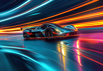 the futuristic elan concept car driving along a city road at night time, in the style of vray tracing. Motion blur. Sport car