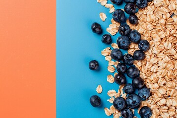 Oats and blueberries divided on dual colored orange and blue background mockup