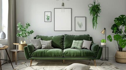 A living room with a green couch, a white frame, and a green plant. The room has a modern and fresh feel to it