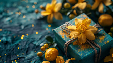 gift box with flower banner for man isolated on dark background with glitter, Father's day, Birthday or Christmas gift