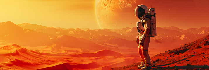 Astronaut on Mars, a desert landscape with mountains, depicting the colonization of the red planet.