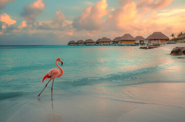Tropical exotic beach with flamingos. Travel and vacation concept.