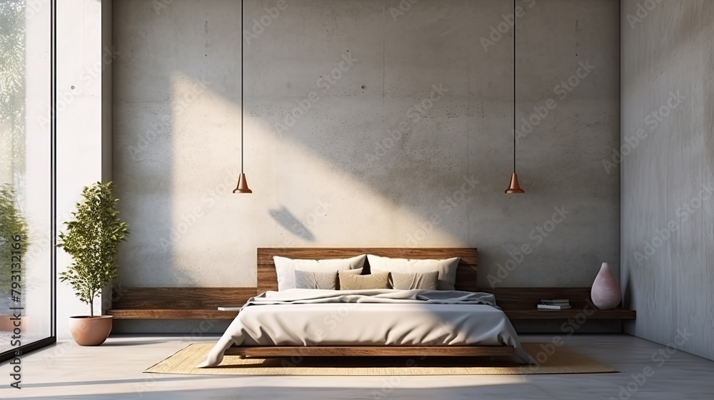 Wall mural bedroom in a minimalist style. comfortable bed against the background of concrete walls. a living ro