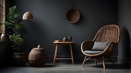  A photorealistic depiction of an interior room with a wicker chair positioned against a dark grey wall. The focus of the image is on capturing the realistic details of the wicker chair, the texture o