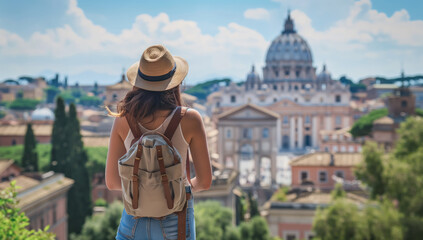 Travel in Italy. Woman with backpack in Rome in Summer