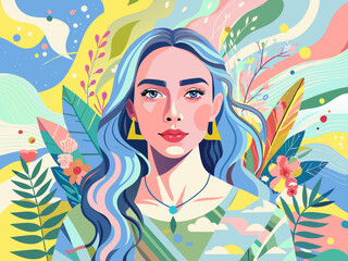 Vibrant Floral Fantasy: Colorful Illustrated Woman with Abstract Nature Background