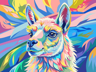 Fototapeta premium Vibrant Colorful Pop Art Llama Portrait with Abstract Background