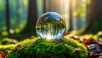 Crystal ball on green moss in forest. Glass sphere. Environment conservation. Happy Earth day