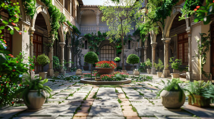 A courtyard with a lot of greenery and a few potted plants. The courtyard is surrounded by buildings with arched windows - obrazy, fototapety, plakaty