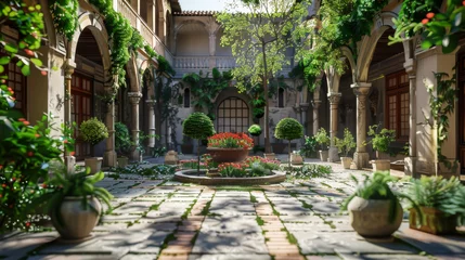  A courtyard with a lot of greenery and a few potted plants. The courtyard is surrounded by buildings with arched windows © Alina Tymofieieva
