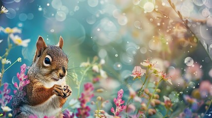 A squirrel is sitting on a branch in a field of flowers. The squirrel is holding a nut in its paws and looking to the left. The flowers are colorful and the background is blurry. - obrazy, fototapety, plakaty