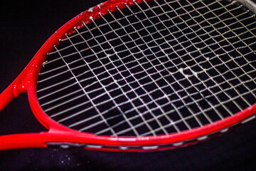 White powder on the strings of a red racket