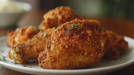 Get close-up shots of a plate of crispy fried chicken, featuring golden-brown breading, juicy meat, and savory seasoning.