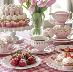 cake with cream, elegant Asian style cake, with fresh strawberries on a beautifully served table with tulips in vases, rays of sunlight, birthday, holiday