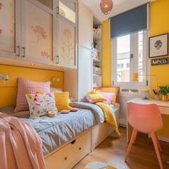 Teenager's bedroom in yellow, with storage bed, desk, and vibrant decorations