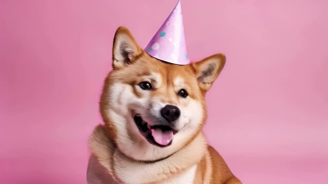 Happy shiba inu dog wearing a party hat celebrating a birthday party on pink background