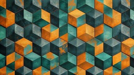 A seamless vinyl backdrop with a bold geometric pattern in contrasting colors like teal and orange - obrazy, fototapety, plakaty