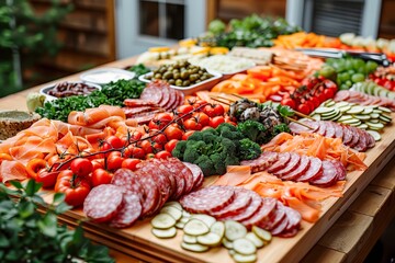 A wooden table full of delicious food, including meats, cheeses, vegetables, and fruits.
