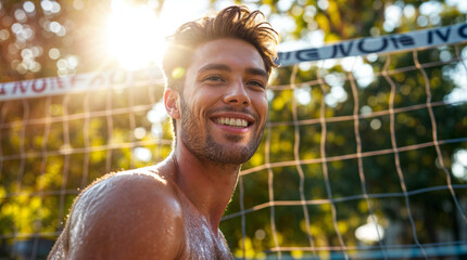 A smiling shirtless man in front of a beach volleyball net - obrazy, fototapety, plakaty