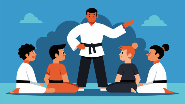 A black belt practitioner teaching a group of beginners the fundamentals of tactical thinking in martial arts emphasizing the importance of