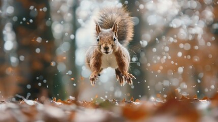 cute squirrel jumping facing the camera in the forest - obrazy, fototapety, plakaty