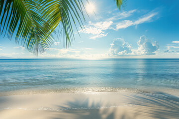 Amazing tropical beach with palm trees. Hot sunny summer day and with blue sky. Summer vacation and travel concept.