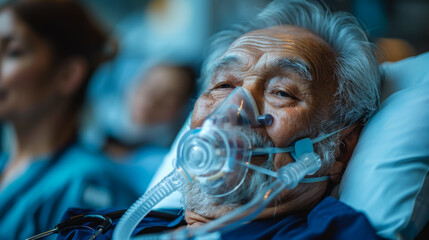 A senior patient receiving respiratory support from a healthcare professional. The patient is seated and wearing an oxygen mask