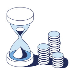 Hourglass coins. Vector 3d line isometric, color web icons, new flat style. Creative design idea for infographics.
