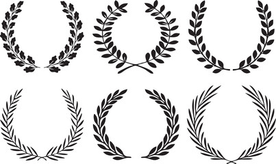 Fototapeta na wymiar Collection of silhouette of circular laurel wreaths depicting award, achievement.High quality circular foliate laurels branches.Design help for award logo, winner round emblem. 