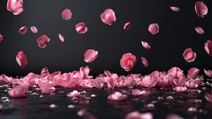   Pink flowers drift in the air, shedding petals that rain below - obrazy, fototapety, plakaty