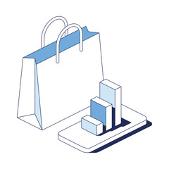 Shopping bag charts on screen mobile phone. Vector 3d line isometric, color web icons, new flat style. Creative design idea for infographics.