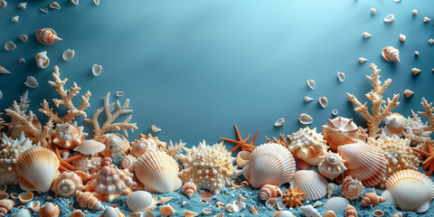 Obraz premium Flat lay composition of seashells and sea sand on a blue background. Free space to place text. Seashell and starfish. Summer, holiday, vacation concept. Sea summer vacation background. space for the t