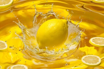 A ripe lemon with water droplets floating on water background. Bright citrus design. Refresh energetic Background with Lemon slice, Lime, Orange. Citrus Fruits Wallpaper for Advertising
