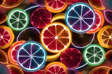 Rainbow glowing neon leom slices on dark background. Bright citrus design. Refresh energetic Background with Lemon slice, Lime, Orange. Citrus Fruits Wallpaper for Advertising