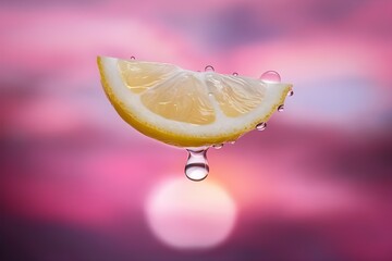 A ripe lemon slice with water droplets floating on neon sunset background. Bright citrus design. Refresh energetic Background with Lemon slice, Lime, Orange. Citrus Fruits Wallpaper for Advertising