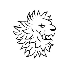 Heraldic lion head. Symbol, sign, line, icon, silhouette, tattoo. Isolated vector illustration.