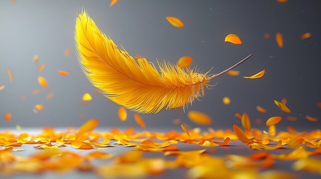   A yellow feather floats above an orange petal pile on a gray surface against a backdrop of gray