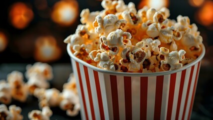 Perfect Movie Snack: Red and White Striped Popcorn Bucket in Cinema Hall. Concept Movie Snacks, Popcorn Buckets, Cinema Experience, Red and White Stripes - obrazy, fototapety, plakaty