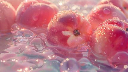 photos of peaches and water, withalight pink and transparent texture style,eflecting the sparkling water