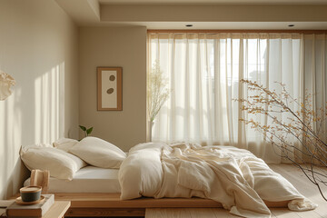 Fototapeta premium Minimalist Tokyo Bedroom with Geometric Furniture in Soft Pastels, Enhanced by Morning Light, Creating a Serene, Spacious Feel