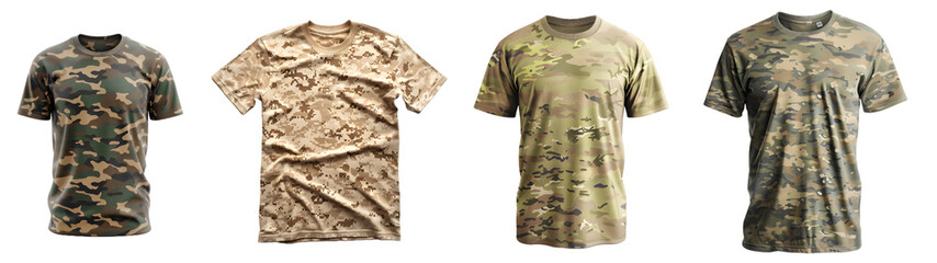 Variety of Camouflage T-Shirt Displayed Isolated on White Background, png.
