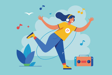 A woman running while wearing headphones on her ears, Dancing listening to music concept, Simple and minimalist flat Vector Illustration